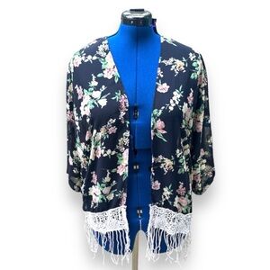Rachael & Chloe Navy Blue Floral Crochet Fringe Kimono Womens Size Medium Boho